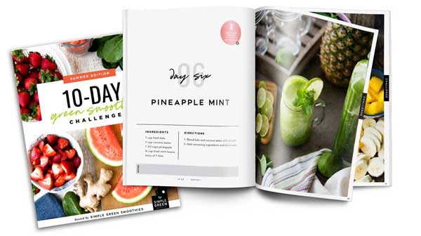 full color guidebook with recipes and shopping list for smoothie challenge
