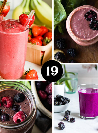 berry smoothies surrounded by fresh berries