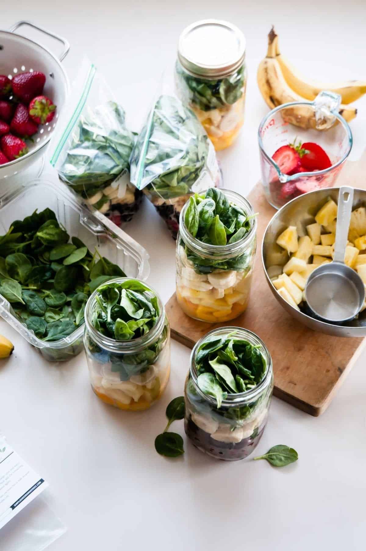 Smoothie ingredients all laid out to prep for the week