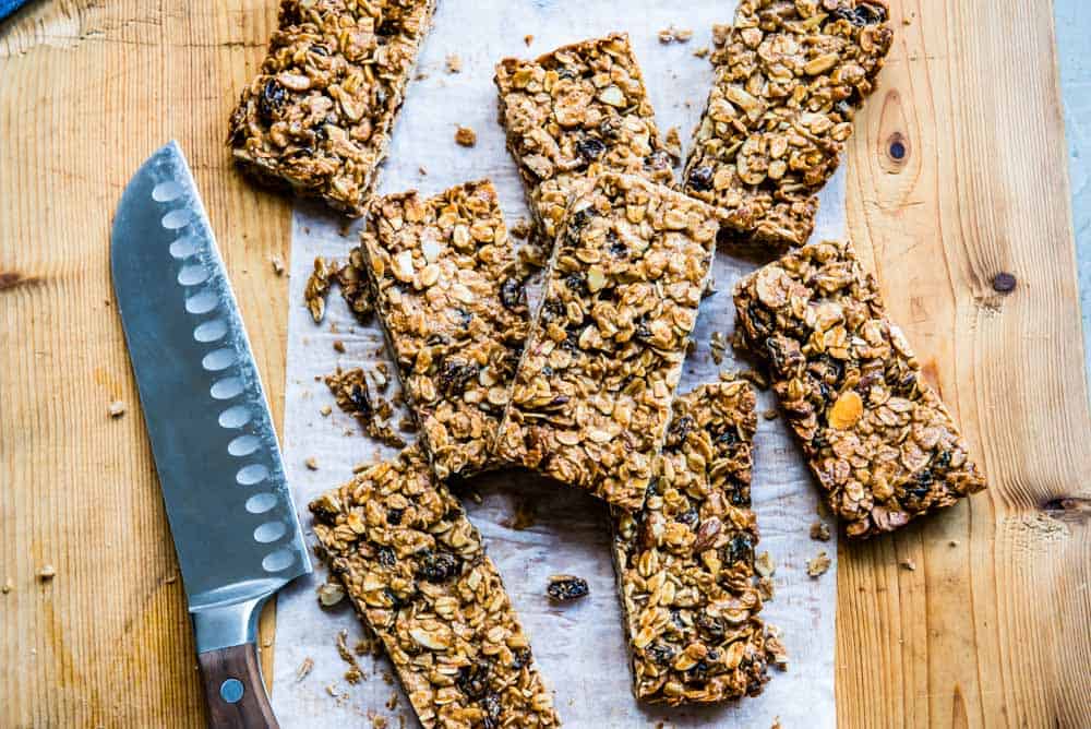 just sliced homemade granola bars, fresh out of the oven.