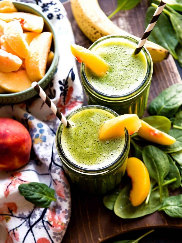 Healthy green smoothie recipe with banana and peach