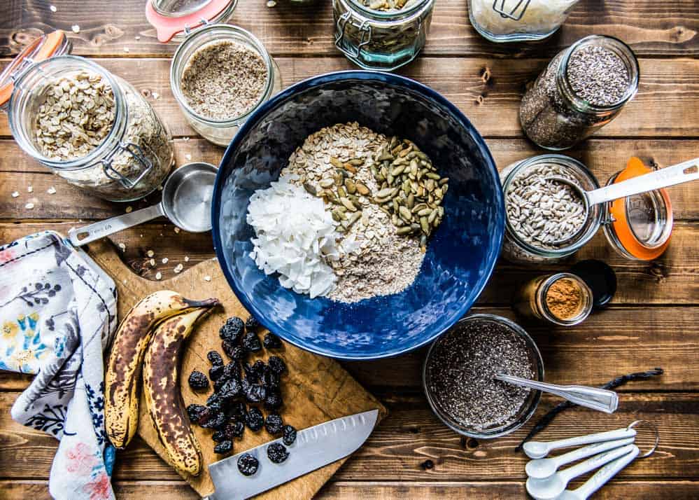 overhead shot of the incredible bunch of ingredients used to make this vegan protein bars recipe.