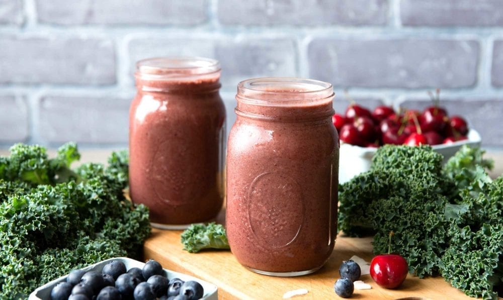 Cherry smoothie with blueberries and coconut milk