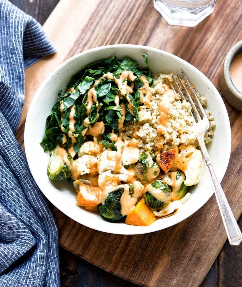 Happy Vegetable Bowl with kale, couscous and roasted sweet potatoes