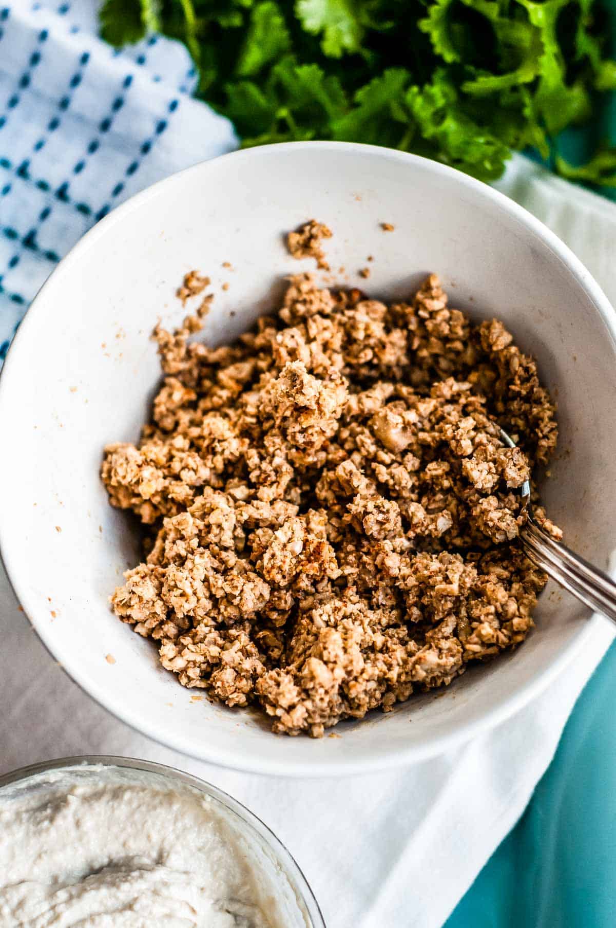 vegan meat in a bowl ready to scoop.