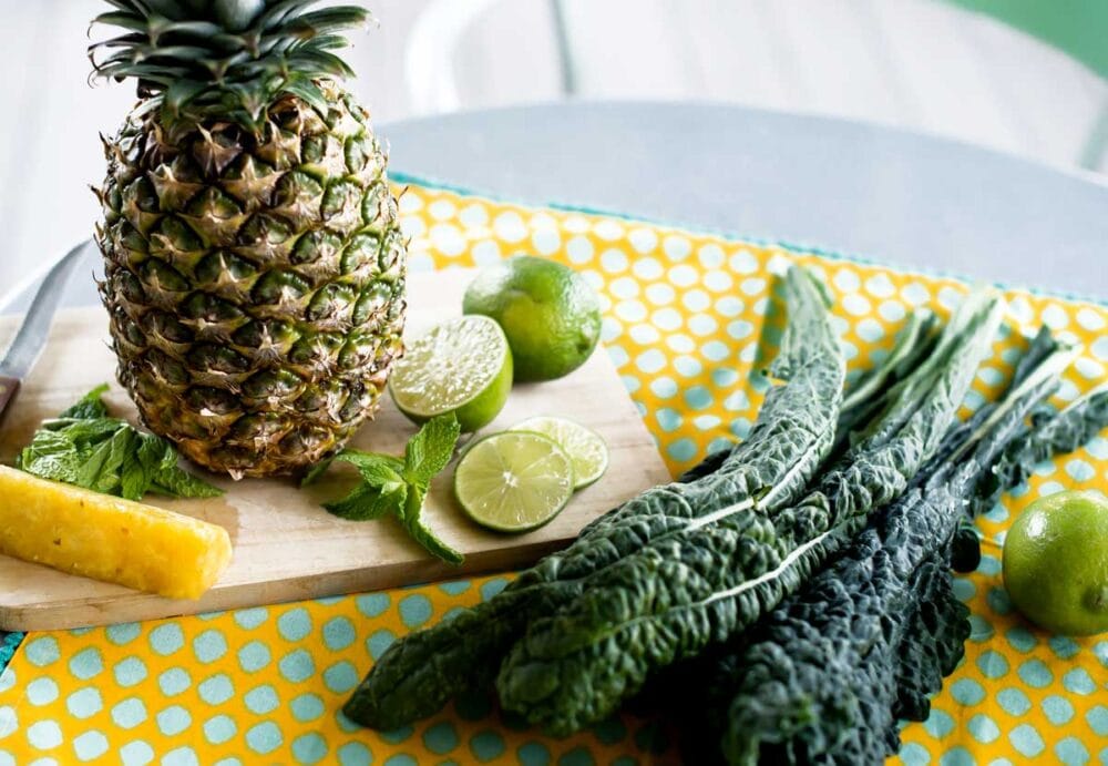 Ingredients for hydrating pineapple mint green smoothie