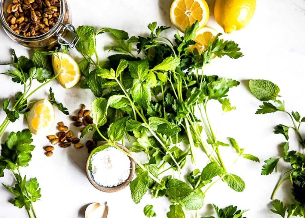 fresh mint leaves and sea salt for vegan pesto recipe