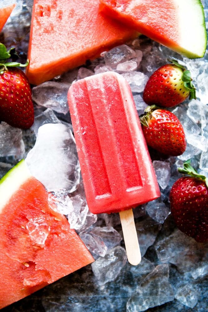 Watermelon and strawberries in a homemade popsicle recipe