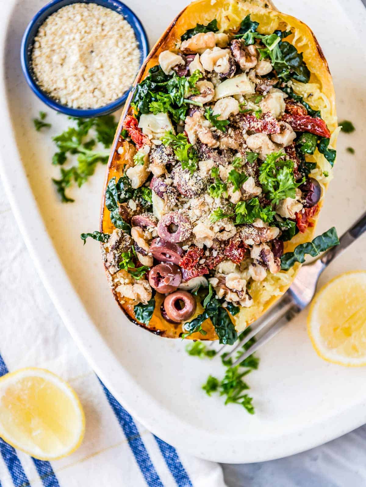 Roasted squash with olives and healthy greens in a Mediterranean recipe