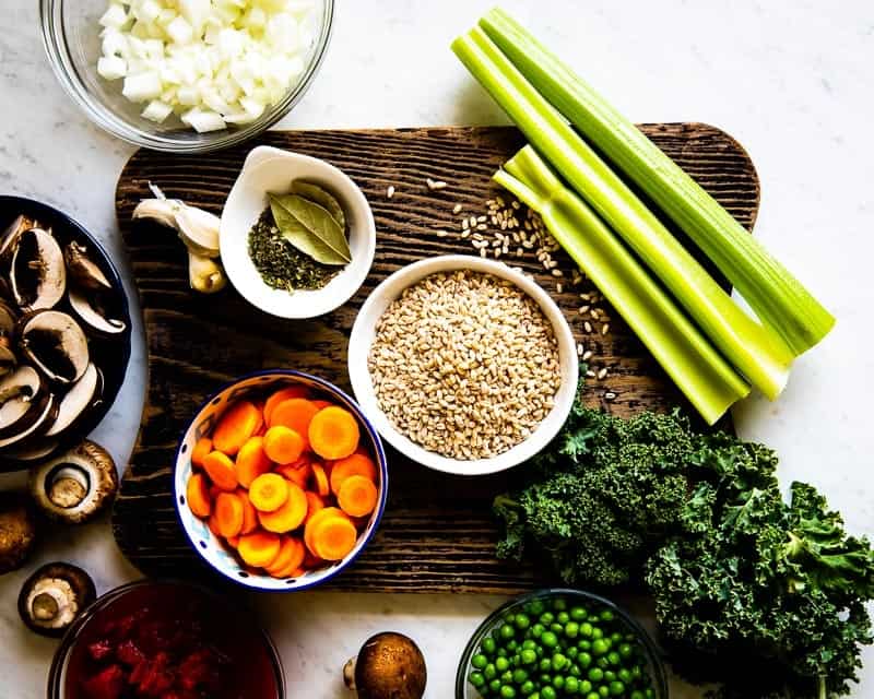 Ingredients needed to make a Vegetable Barley Soup.