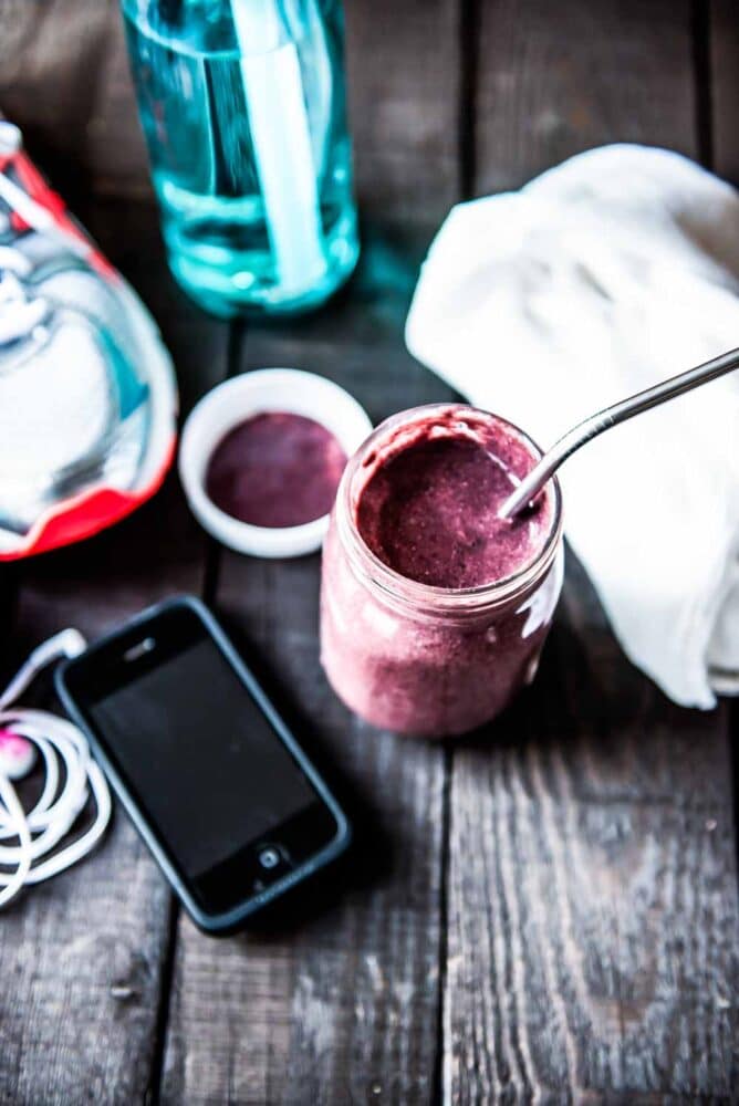 Blended post workout smoothie with fitness gear
