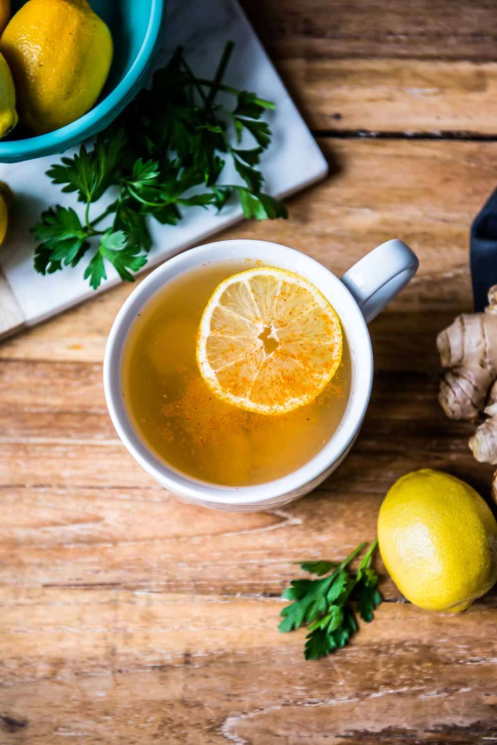 cleansing tea with lemon, cayenne, parsley, and ginger. all part of the best detox tea
