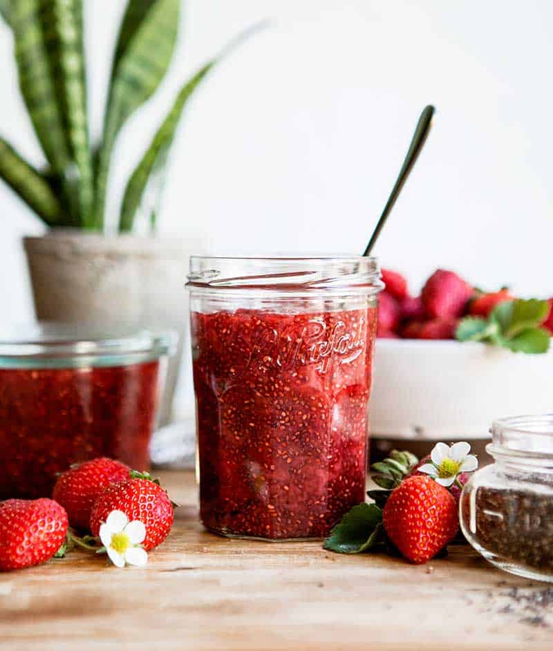 homemade strawberry jam in a mason jar