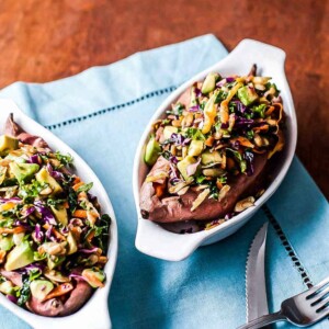 a beautifully plated loaded sweet potato