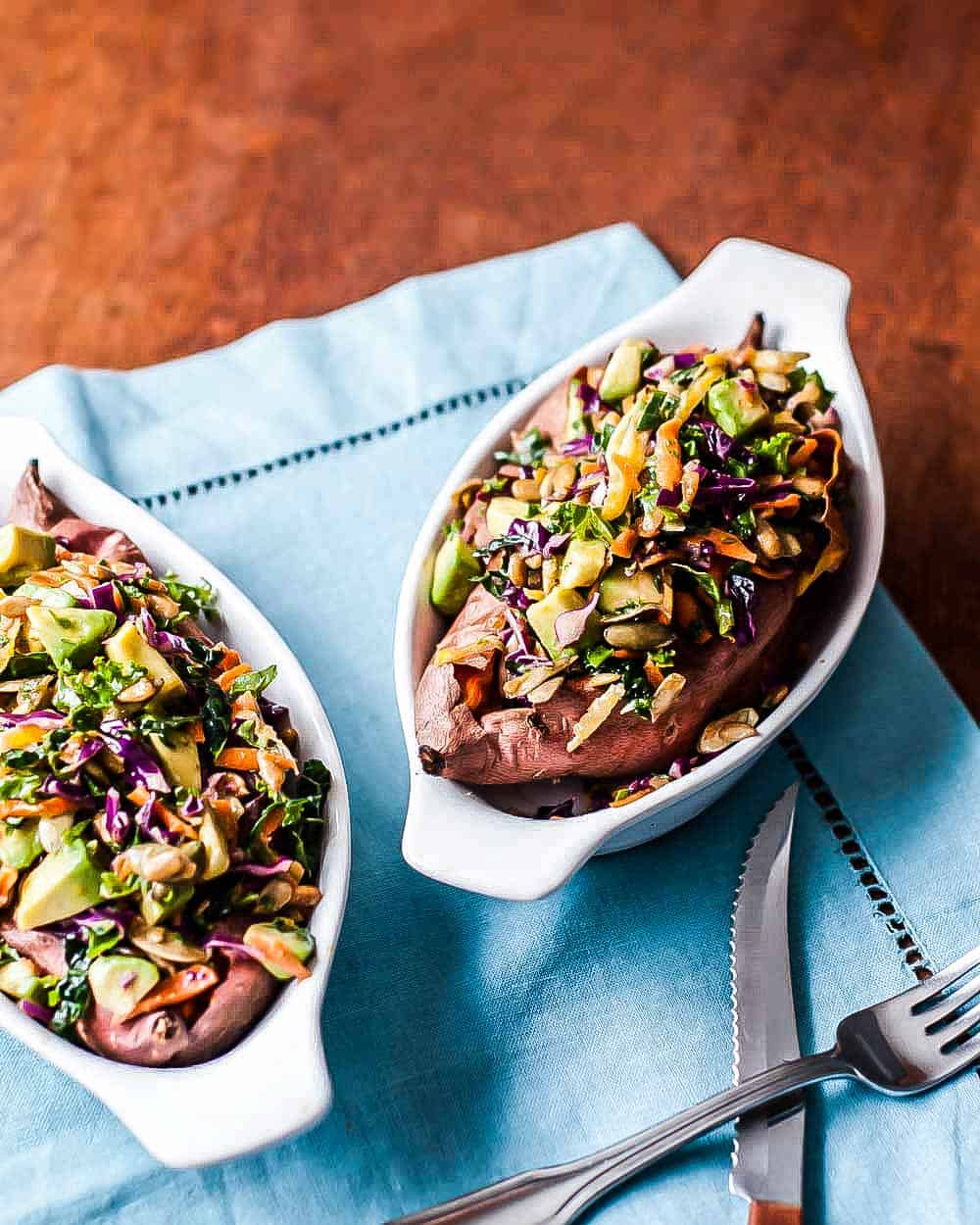 a beautifully plated loaded sweet potato