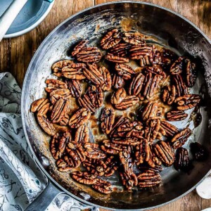 candied pecans recipe in a skillet