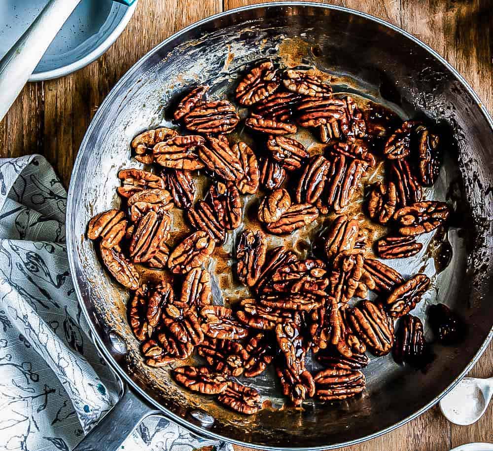 candied pecans recipe in a skillet