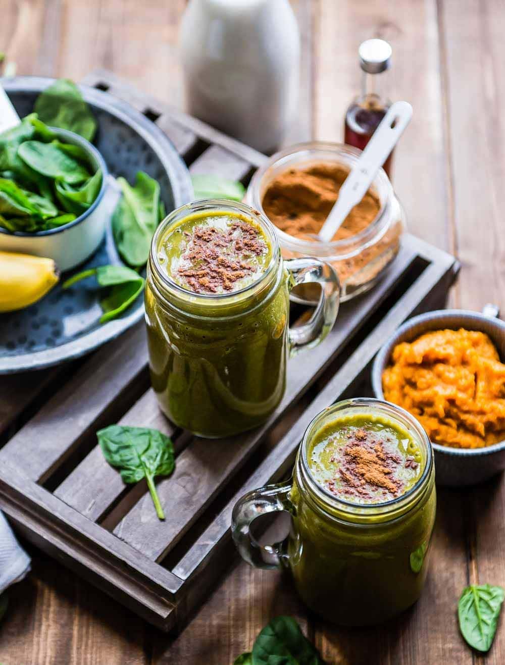 two pumpkin smoothies topped with homemade pumpkin spice