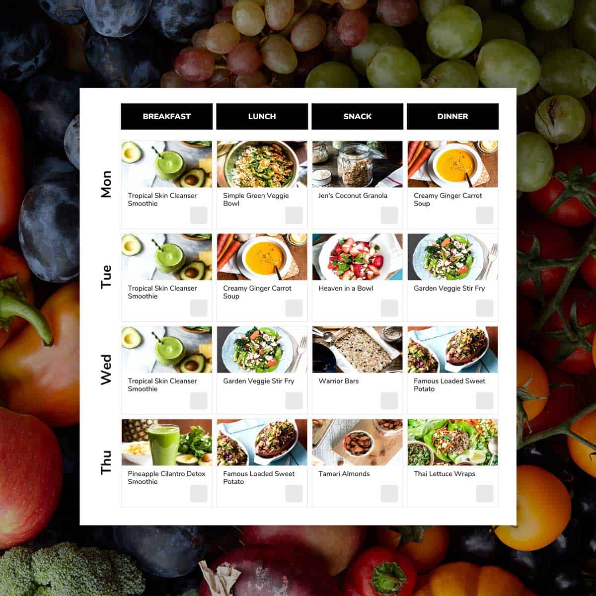 weight loss meal plan printout overtop a bed of vegetables.