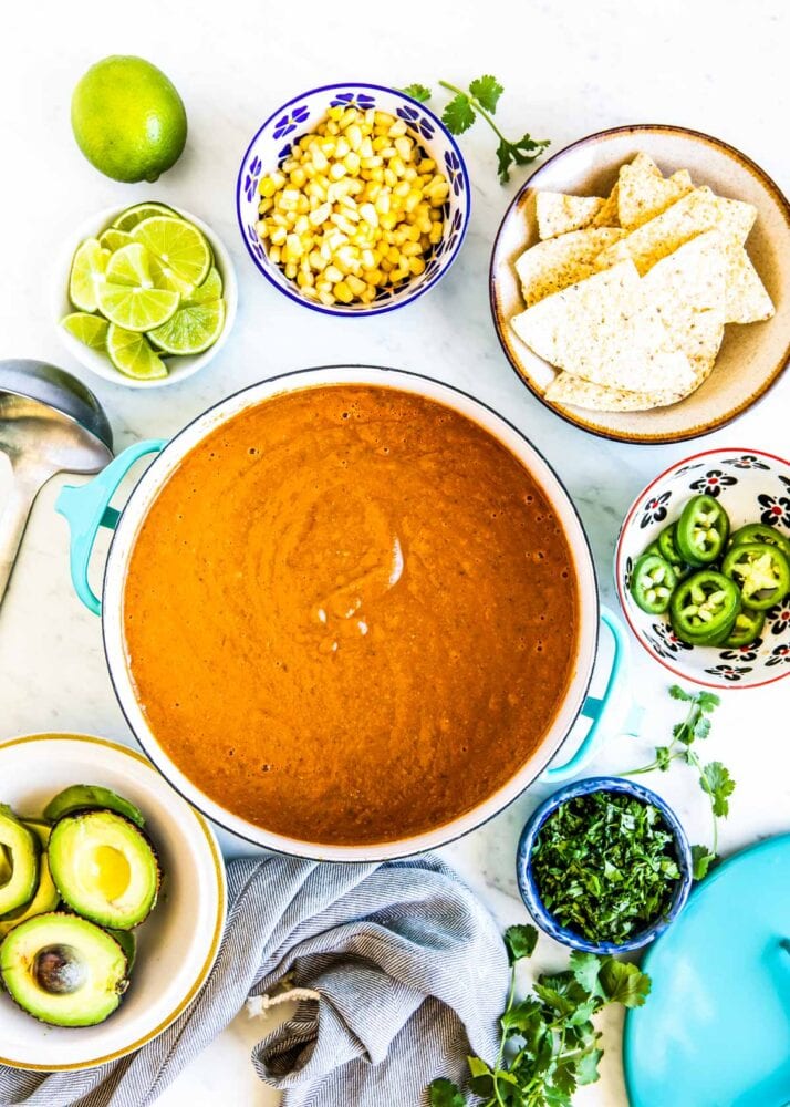 Top with your fav toppings and make this vegan tortilla soup recipe your own.