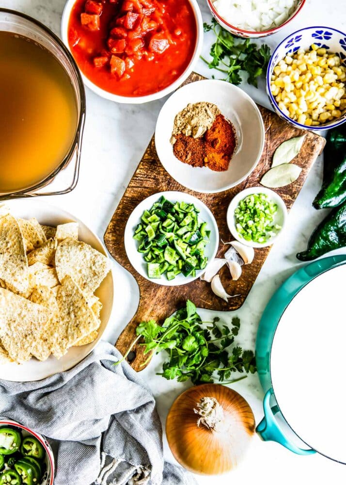 all the ingredients + toppings needed for a tortilla soup recipe