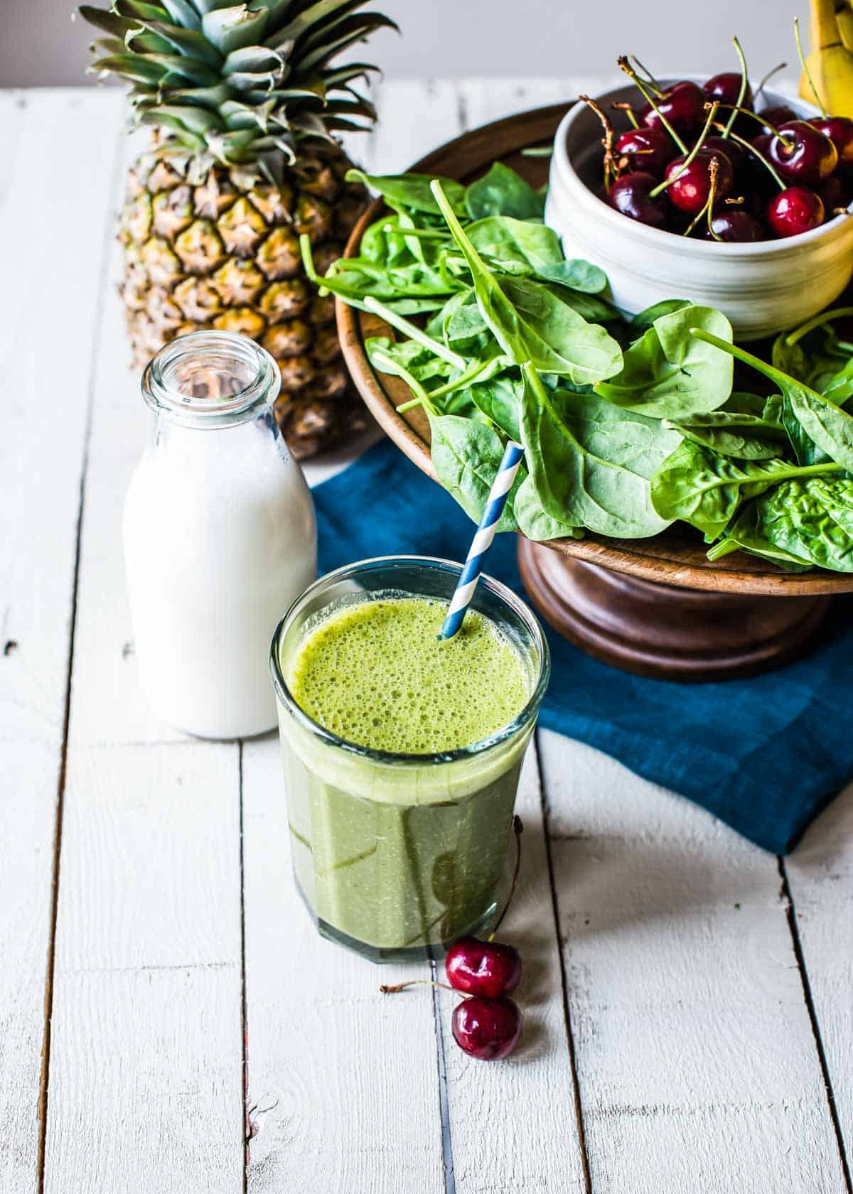 spinach and pineapple smoothie with cherries