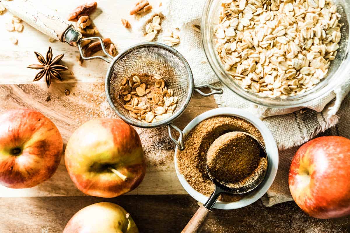 Ingredients from making delicious Apple cinnamon baked oatmeal.