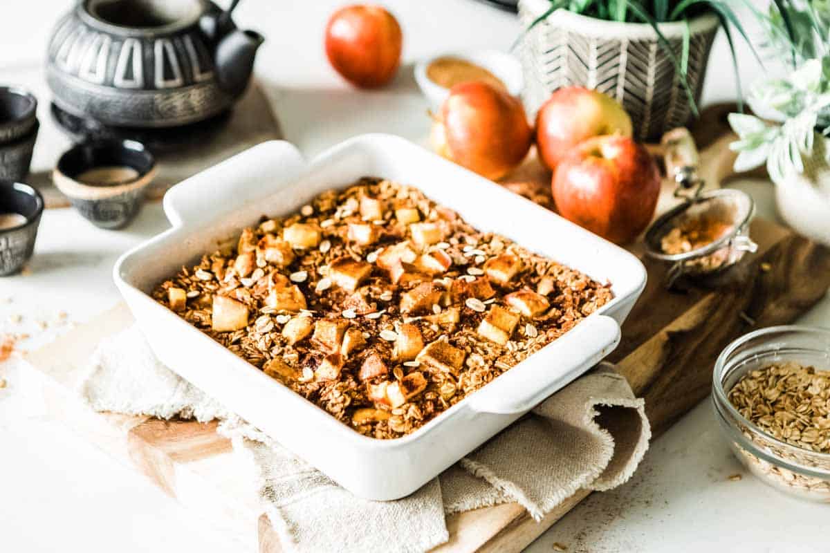 Fresh baked apple cinnamon baked oatmeal straight from the oven.