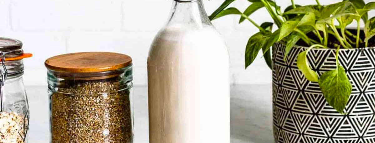 bottle of dairy-free milk with a container of chia seeds next to it along with a plant in the background