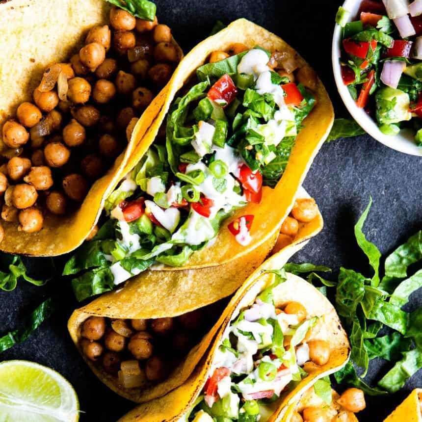 row of chickpea tacos in 30 minutes.