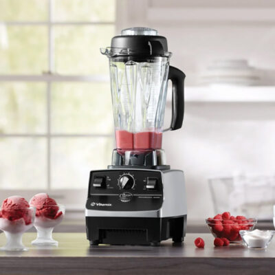 Vitamix 5200 blender in kitchen with a bowl of sorbet.