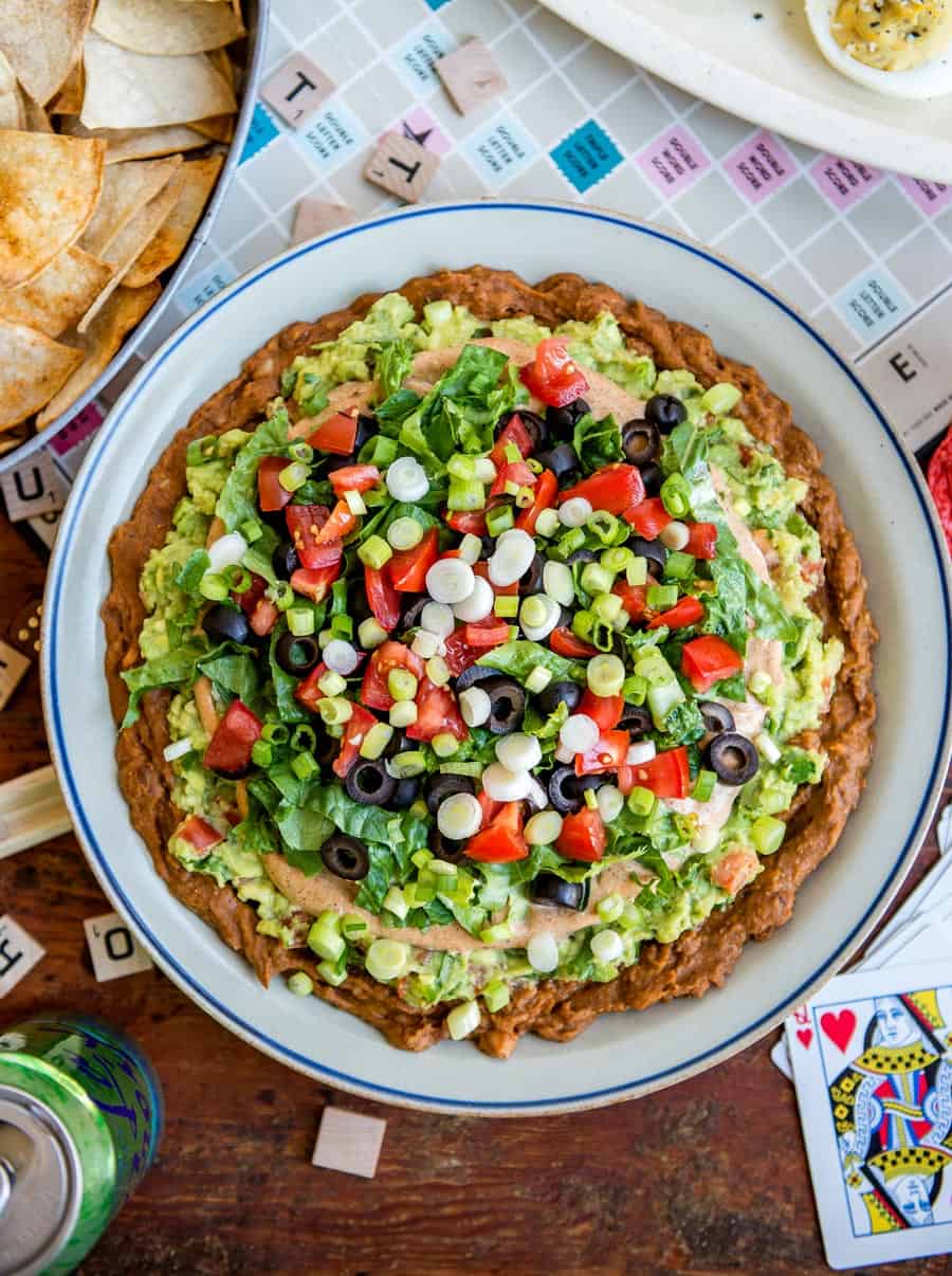 7 layer dip is a classic twist on a Vegan Thanksgiving Recipes