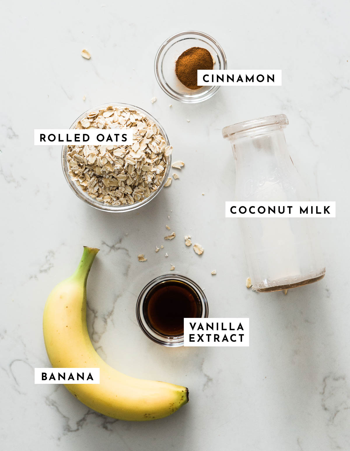 Labeled Ingredients for a banana oatmeal smoothie.