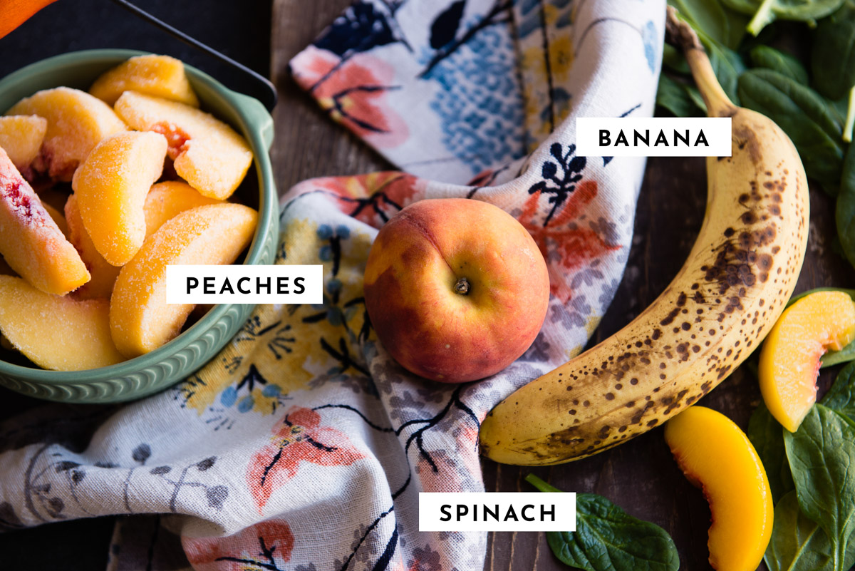 Labeled ingredients for Banana Peach Smoothie: Peaches, Banana, Spinach