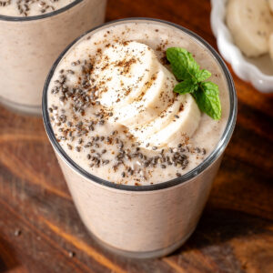 A glass of creamy banana protein shake