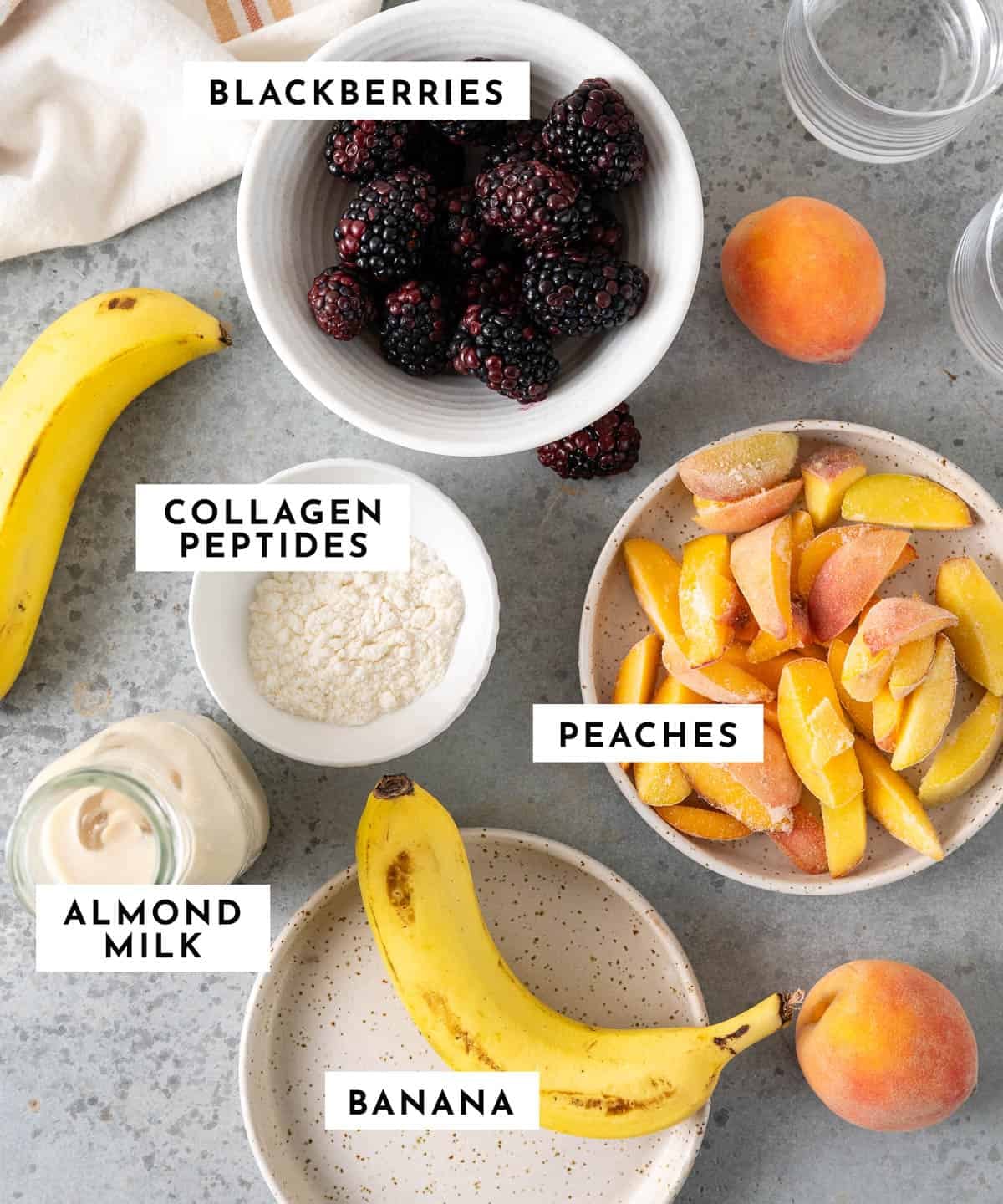 Labeled ingredients for blackberry peach smoothie