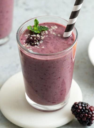 Blackberry peach smoothie on the counter