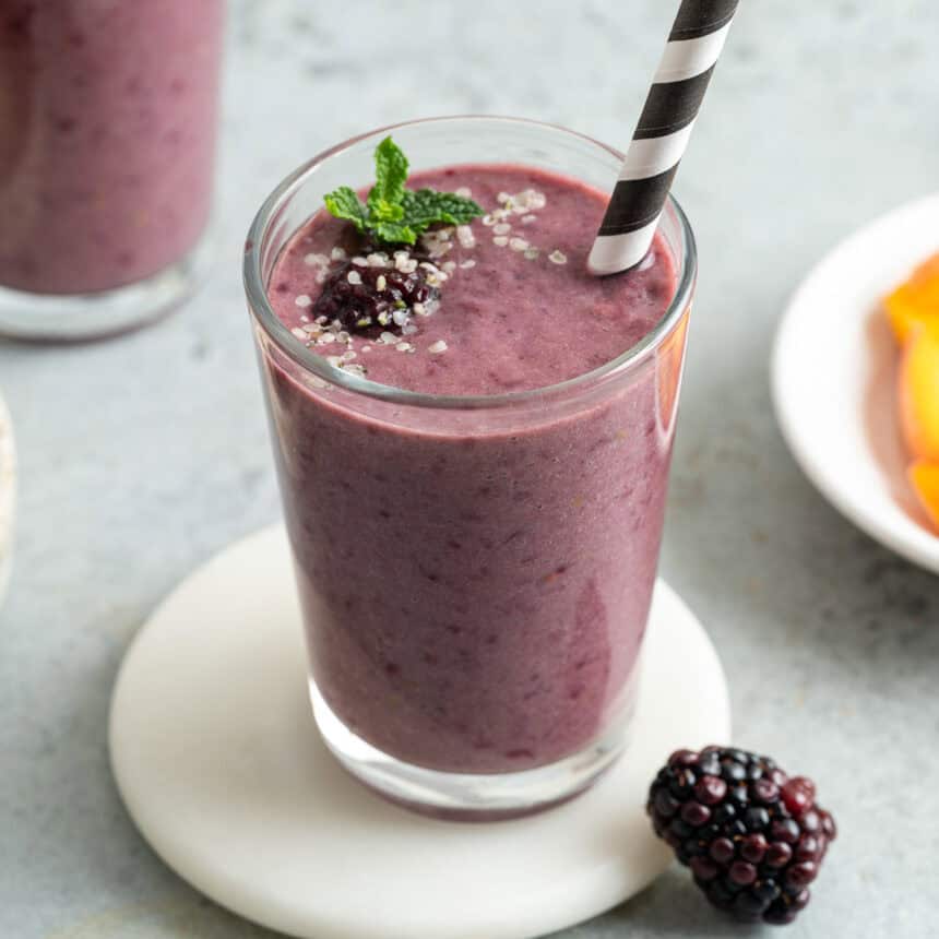 Blackberry peach smoothie on the counter