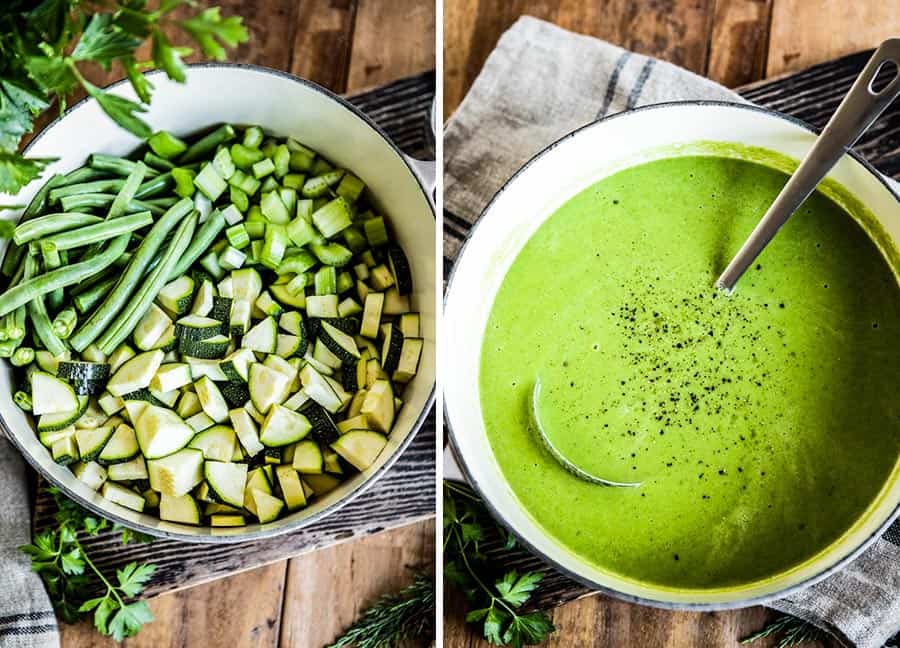 Chopped green vegetables in a stock pot with metal spoon next to a blended vegetable soup.