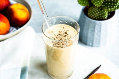 Healthy breakfast smoothie made with vanilla bean yogurt.