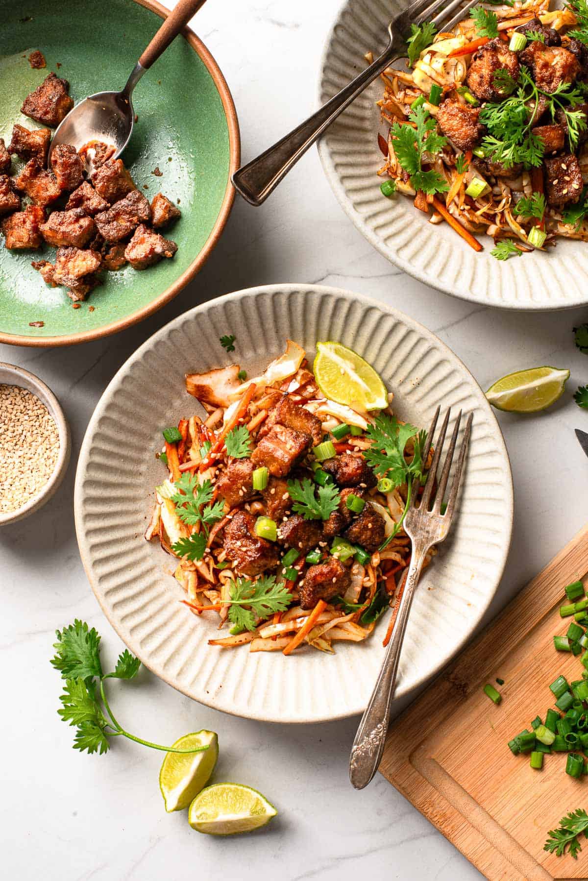 A plate of delicious cabbage stir fry with crispy tofu