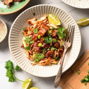 Colorful cabbage stir fry with crispy tofu