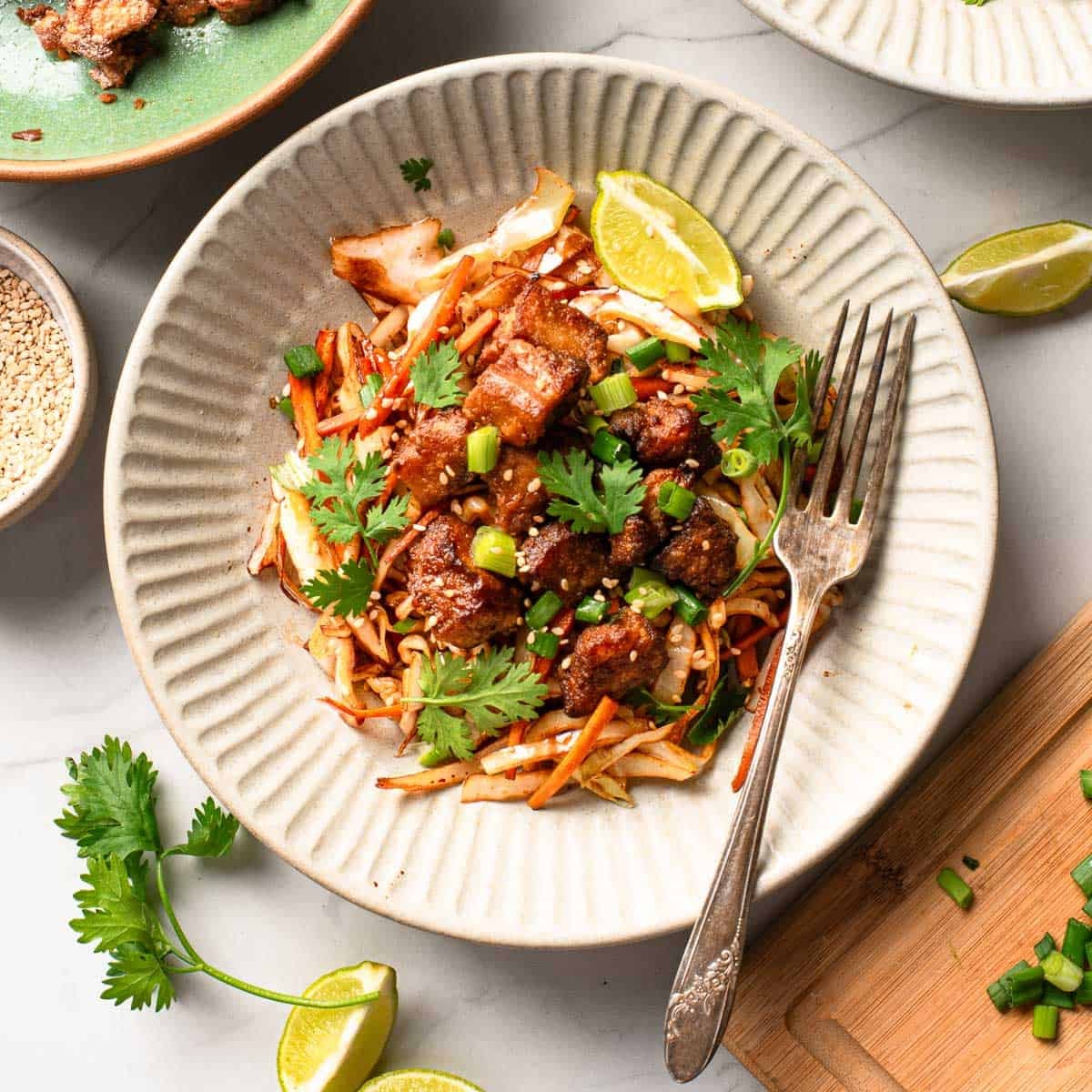 Colorful cabbage stir fry with crispy tofu