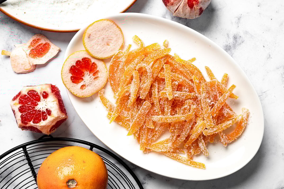 Healthy candied grapefruit peels on a serving plate