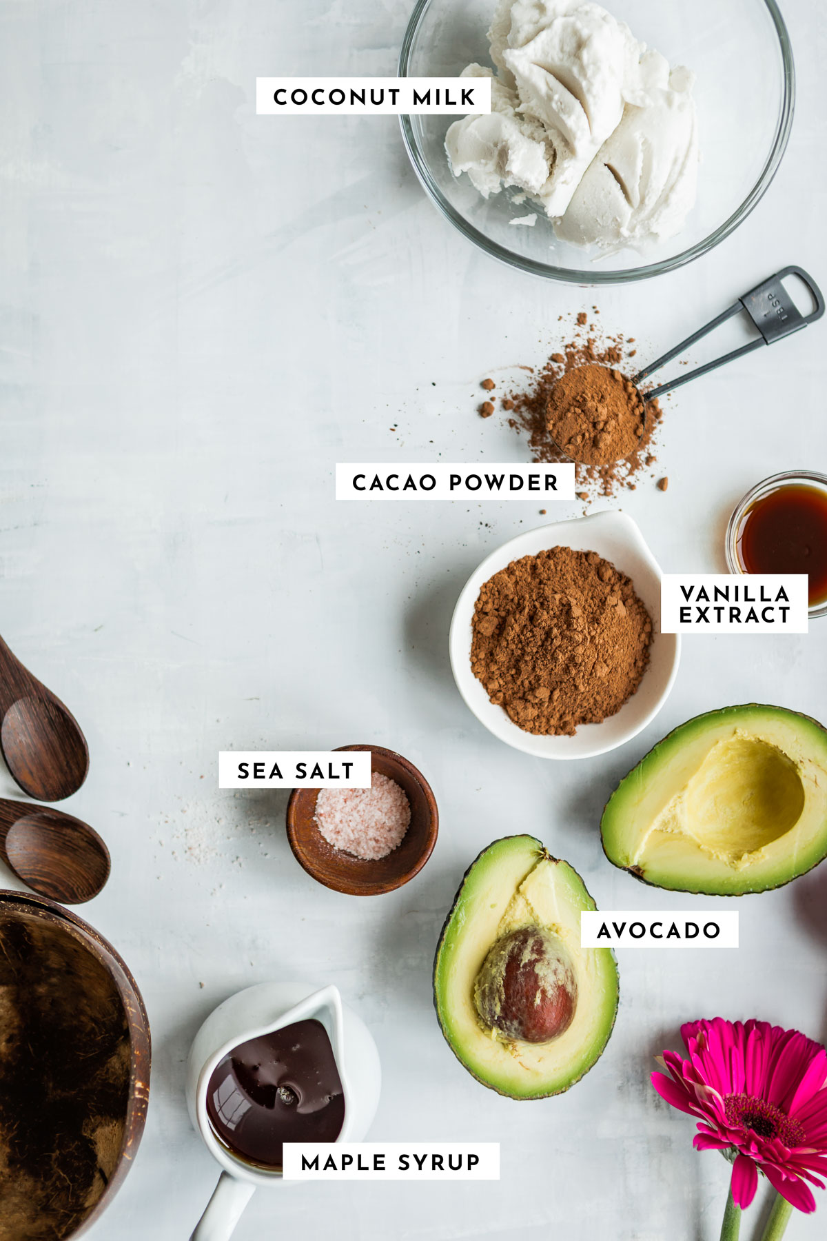 Labeled ingredients for making a chocolate smoothie bowl