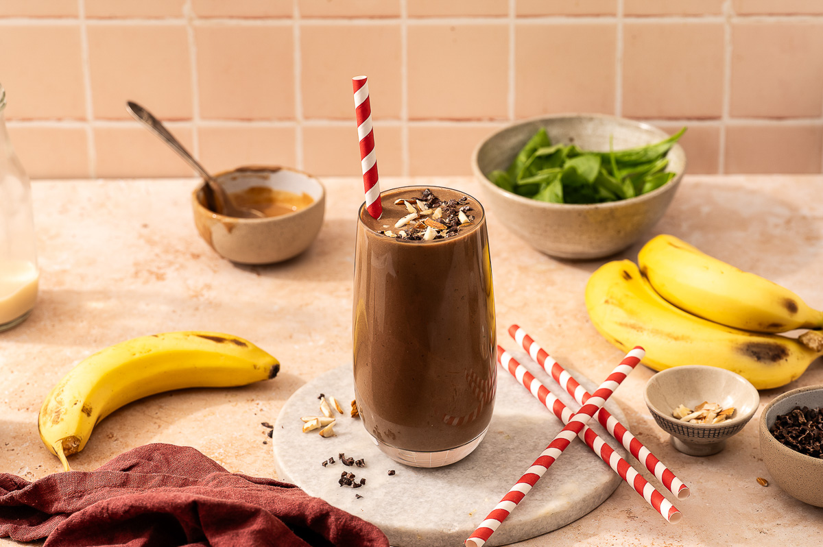 Glass of a delicious chocolate weight loss shake for a healthy breakfast smoothie.