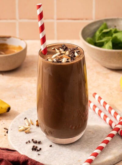 Glass of a delicious chocolate weight loss shake for a healthy breakfast smoothie.