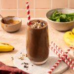 Glass of a delicious chocolate weight loss shake for a healthy breakfast smoothie.