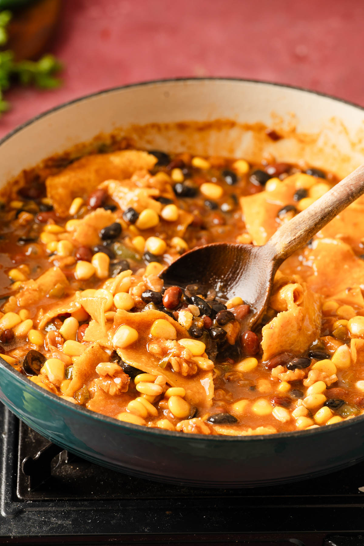 Hearty and creamy vegan enchilada in a skillet