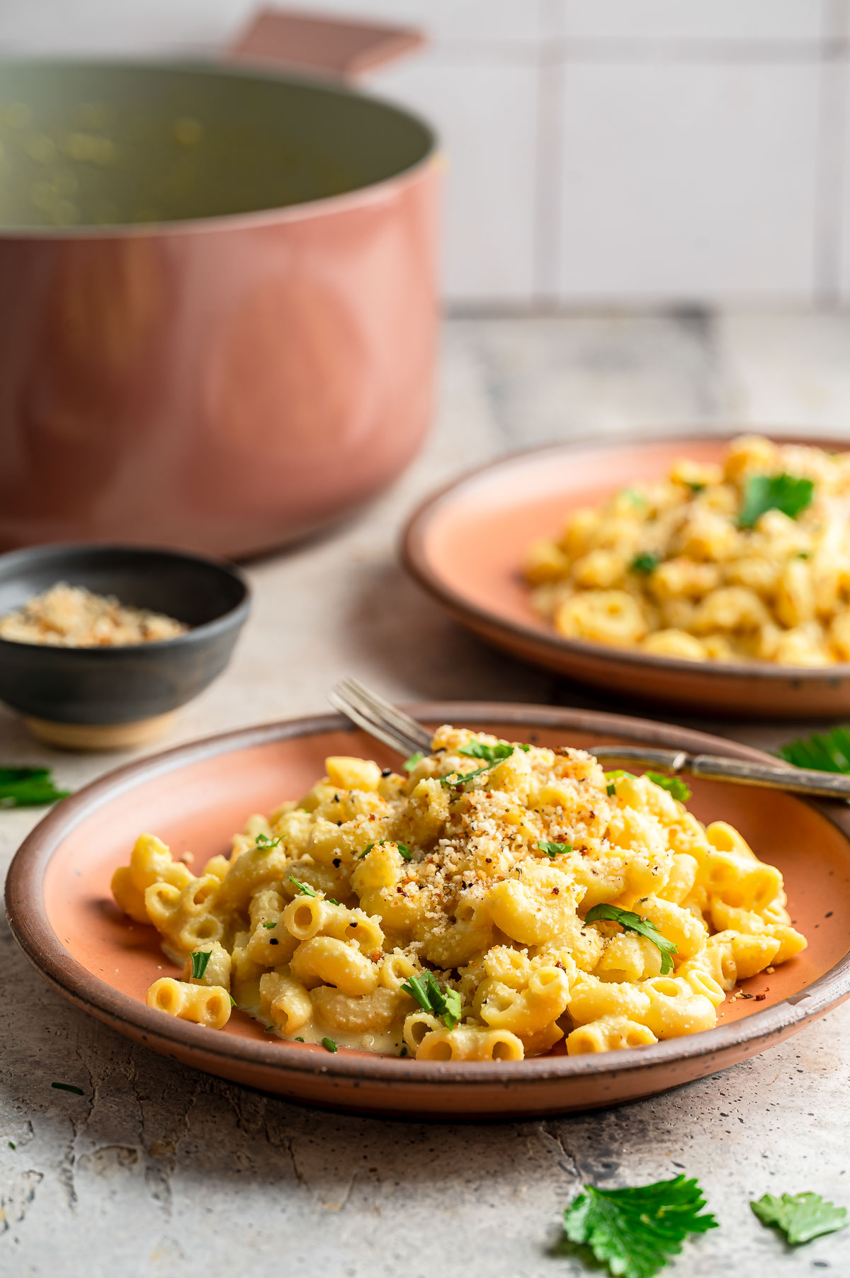 Freshly cooked vegan mac and cheese on a ceramic plate
